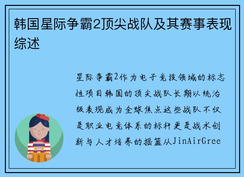 韩国星际争霸2顶尖战队及其赛事表现综述